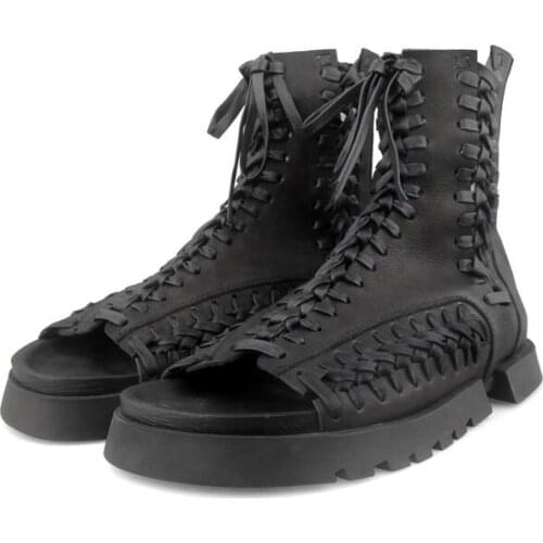 Men sandals men shoes mens leather cowhide sandals lace up zip outside casual sandals black shoes bottom of the thick 39-44