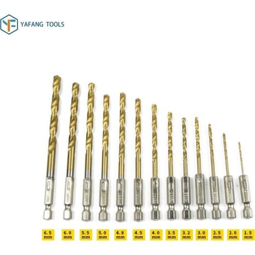 13pcs/set Twist Drill Bit Set 1.5-6.5mm Titanium Coated Tools HSS Gun Drill Bit 1/4" Hex Shank Woodworking Hole Cutter