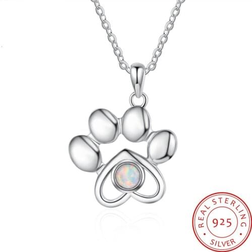 Women 925 Sterling Silver Opal Necklaces Cute Animal Dog Paw Necklaces & Pendants Footprints Silver 925 Jewelry Accessories
