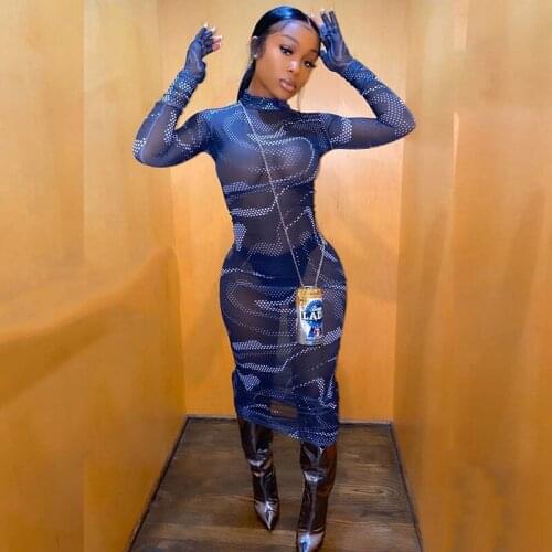 MOlly sexy mesh dress full sleeve summer dresses for women hollow out skinny turtleneck fashion female outfit slim clubwear