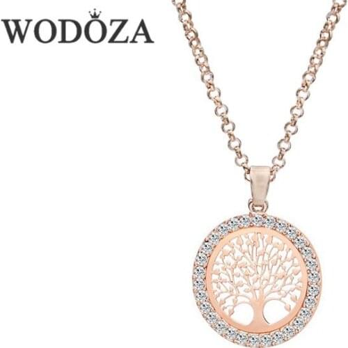 WODOZA Rose Gold Crystal Tree of Life Charm Pendant Long Chain Necklace for Womens Fashion Accessories Christmas Mom Gift