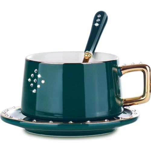 Luxury ceramic coffee cup with diamond set European coffee cup dish set afternoon tea cup with dish spoon