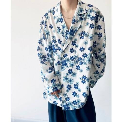 2021 Autumn Korean style Personality blue flower printed shirts men casual loose wild retro printing shirts M-XL