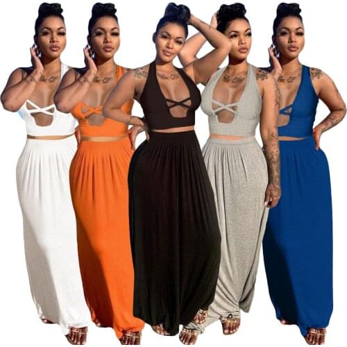 Sexy Two Piece Set V-neck Halter Sleeveless Crop Top Long Skirt Set Party Clothing Sets Outfit Women Two Piece Outfits 2021
