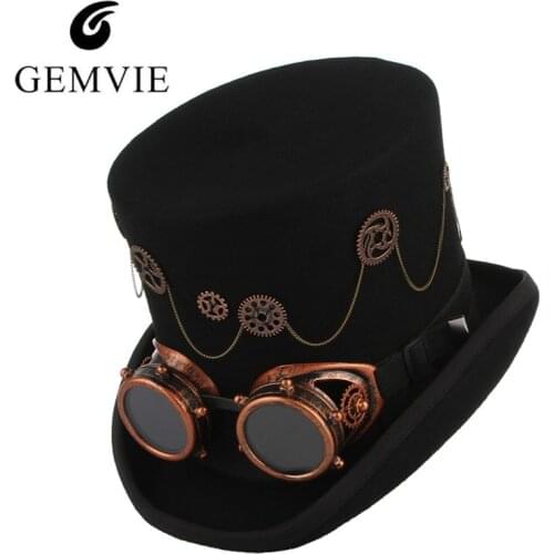 GEMVIE 100% Wool Felt Steampunk Unisex High Top Hats With Gear Glasses Rock Band Hat Costume Fedoras Magic Party Cylinder Hat