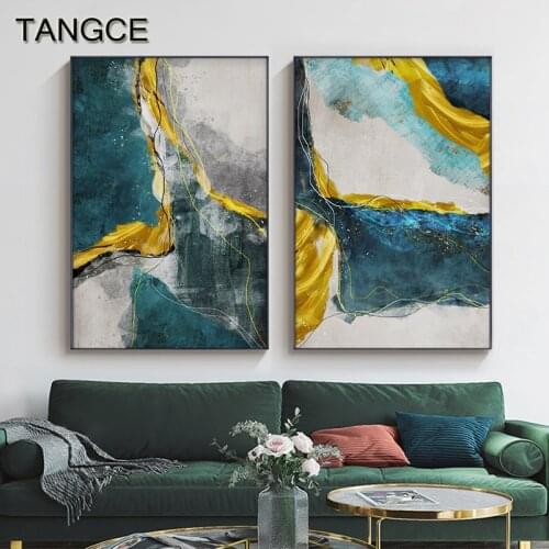Contemporary Art Abstract Golden Canvas Painting Modern Blue Green Color Block Poster Print Fashion Wall Art Picture Decoration