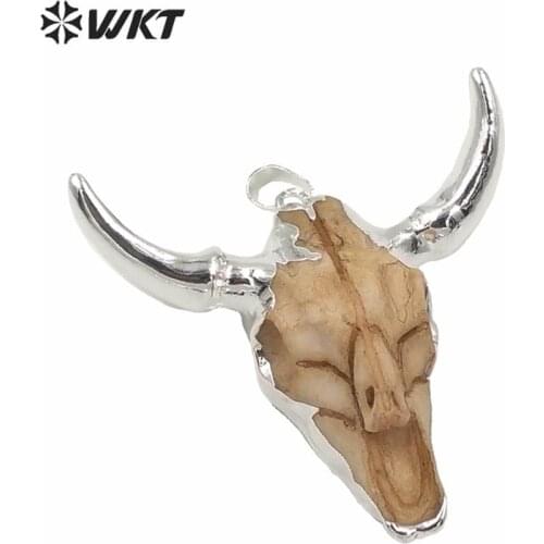 WT-P1340 wholesale resin cattle head buffalo horn pendants with si lver metal electroplated for diy jewelry vintage pendants