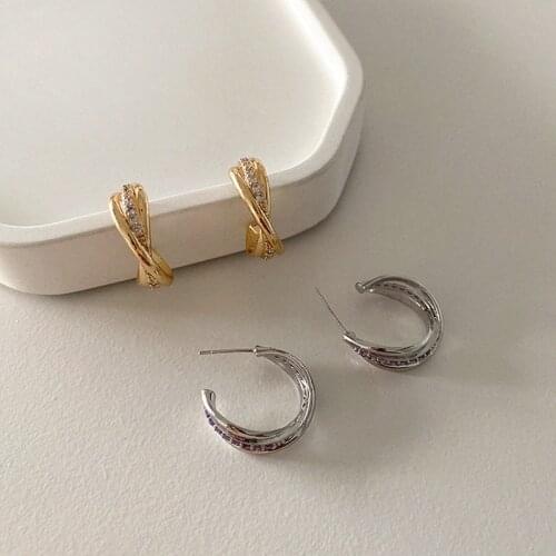 WTLTC Chic Zircon C Shaped Hoop Earrings for Women Statement Twisted Hoops Earrings Retro Three Layered Circle Earrings Charms