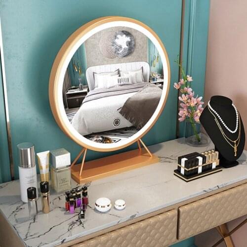 Nordic Style Makeup Mirror With LED Light Desktop Bedroom Large Circle Dressing Mirror Home Decorative Wall Round Gold Mirror