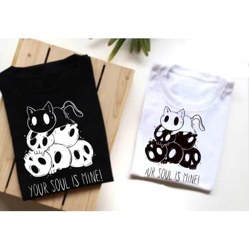 Your soul is mine Gothic cat skull t-shirt women 100% Cotton funny graphic quote hipster Fashion casual unisex tee top tshirt