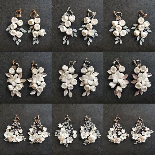 SLBRIDAL Handmade Rhinestones Crystals Pearl Ceram Flower Bridal Dangle Earring Wedding Chandelier Earring Fashion Women Jewelry