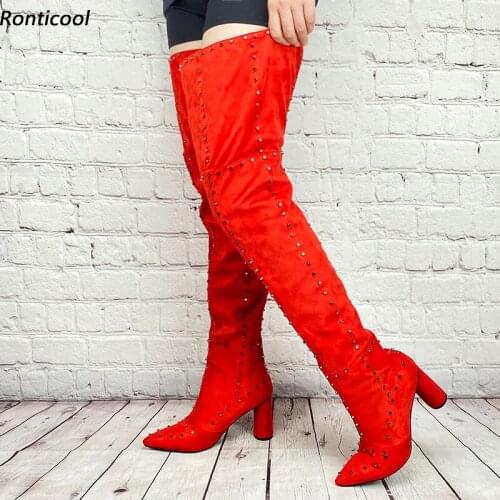 Ronticool Handmade Women Winter Thigh Boots Studs Back Zipper Chunky Heels Pointed Toe Orange Black Fuchsia Shoes Us Size 5-16