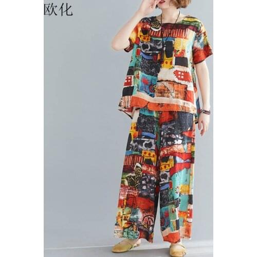 2020 Summer 2 Piece Set Women Stranger Things T Shirt Plus Size Cotton Linen Boho Abstract Print T Shirts Loose Straight Pants