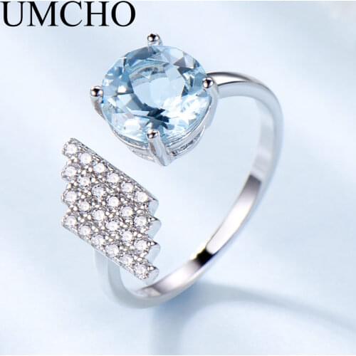 UMCHO Natural Blue Topaz Gemstone Rings For Women Genuine Pure 925 Sterling Silver Ring Adjustable Gemstone Jewelry Fashion Gift