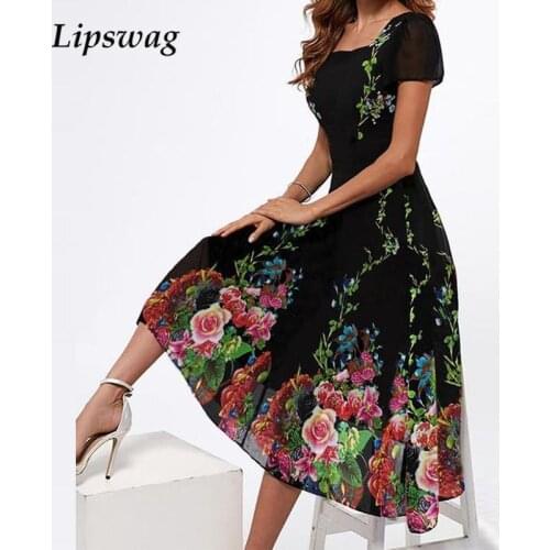 2021 Elegant Square Neck Party Dress Femme Floral Print Vintage Long Dress Autumn Summer Casual Short Sleeve Women Dress Vestido