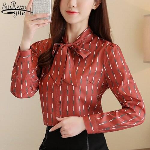 2021 Autumn New Red for Women Bow Tie Chiffon Blouse Women Blouse and Tops Slim Cardigan Bottoming Shirt Chemisier Femme 10749
