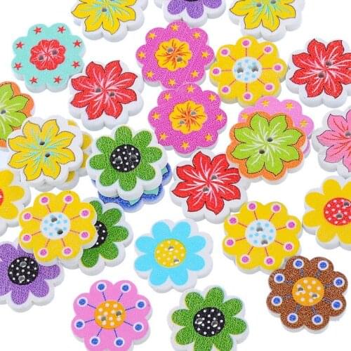 50Pcs/Lot Colorful Flower Painting Wooden Clothing Buttons For Needlework Sewing Decorative Accessories For Handwork Buttons