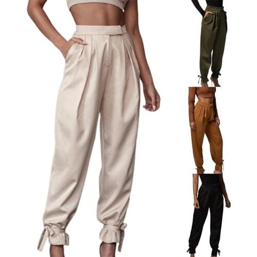 Satin Lace Up Soft High Weist Women Casual Harem Pants Solid Color Cargo Pleated Loose Full Length Pockets Trousers for Femme