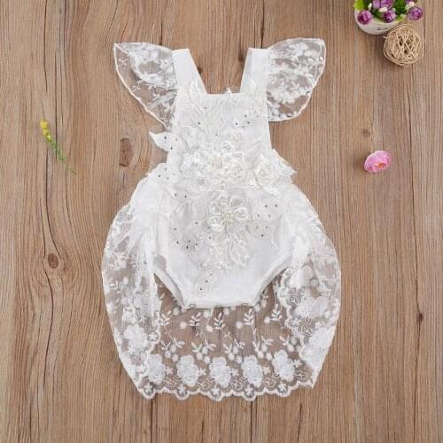 Baby Girl White Square Collar Lace Rompers 3D Flower Embroidery Pearl Sweet Princess Romper Backless Jumpsuits 0-24M