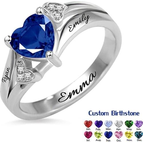 Custom Birthstone Heart Ring Jewelry S925 Silver Engraved Number Word Name Rings For Women Mother Daugther Grandma Gift