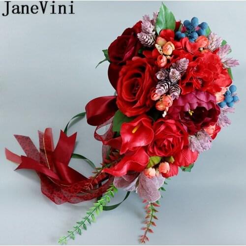 JaneVini Vintage Red Waterfall Wedding Bouquet Bridal Flowers Rose Artificial Calla Lily Groom Brooch Bride Bouquets De Marie