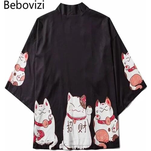 Bebovizi Japan Style Clothes Men Summer Streetwear Cat Print Kimono Cardigan Mandarin Robe Men Unisex Japanese Trend Kimonos