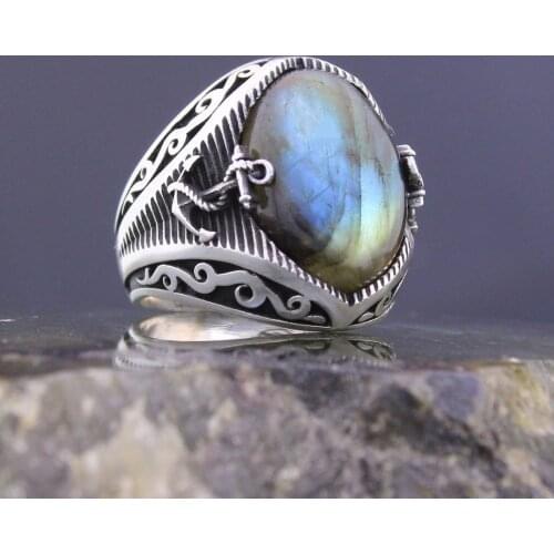 925 Sterling Silver Sailors Anchor Natural Labradorite Stone Mens Ring Special Ring Jewelry Accessory For Men Gift Idea
