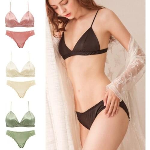 Women Bras Sets Glossy Underwear Lingerie Set Thin Pad Bralette Ruffles Panties Intimates Suits Solid Color Wire Free Bra Sets