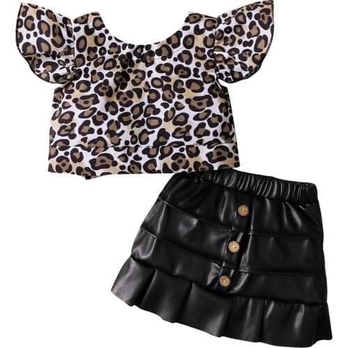 2-6Years Girl’s Skirt Two Piece Suit Fashion Leopard Round Neck Short Sleeve Tops and Leather Short Skirt