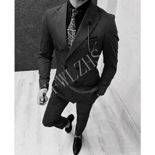 Handsome Groomsmen Double-Breasted Groom Tuxedos Mens Wedding Dress Man Jacket Blazer Prom Dinner (Jacket+Pants+Tie) A076