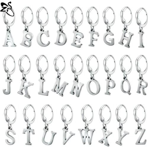 ZS Stainless Steel A-Z Letter Alphabet Round Hoop Earring for Men Women Vintage Hip Pop Kpop Ear Piercing Cartilage Earrings
