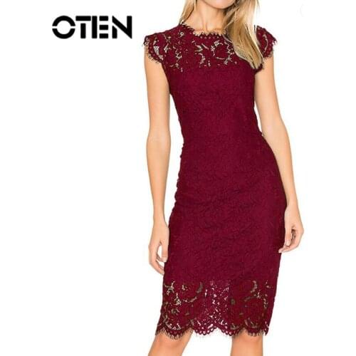 OTEN 2019 Summer Dress Women Office Elegant Pencil Slim Sexy Sleeveless Work Lace Hollow Out Embroidery O-Neck Female Clothing