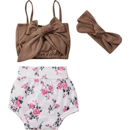 Cute Infant Baby Girl Clothes Sets Summer 3Pcs Bowknot Strap Crop Tank Tops+Floral Shorts+Headband Toddlers Girl Outfits 0-24M