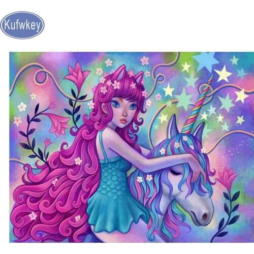 Cartoon girl and unicorn Diamond Embroidery Deco Cross-Stitch-Kit Painting-Animals Full-Square round diamond Mosaic diamond art