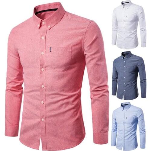 Men Solid Color Turn Down Collar Long Sleeve Shirt Slim Button Pocket Work Top