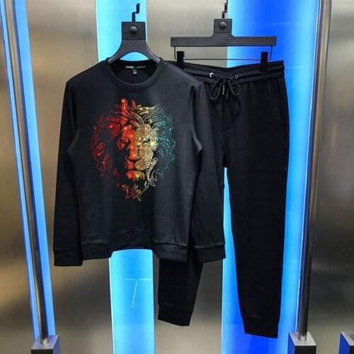 Mens Tracksuit Hot Rhinestone Color Lion Head Sets Pullover Sweatshirt Slim European Oversized Autumn Winter
