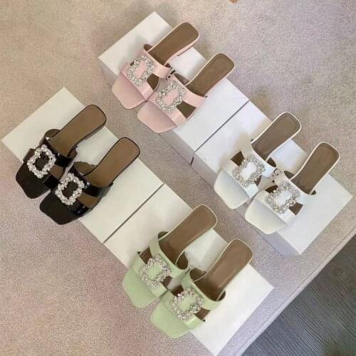 Diamond Buckle Decor Slides Women Genuine Leather Shoes Open Toe Mules New Design Summer Shoes Luxury Brand Designer Woman Shoe