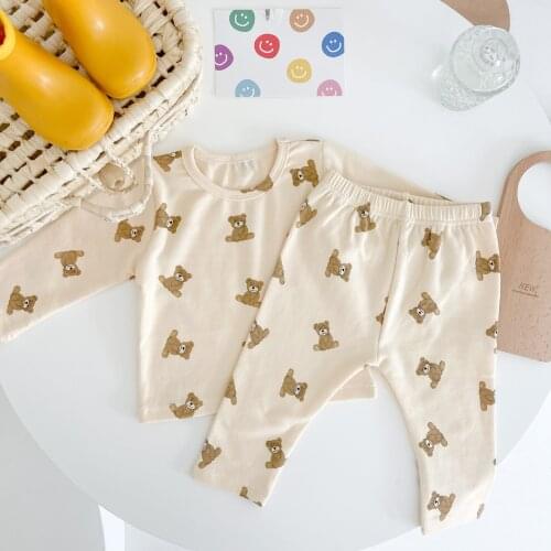 2021 New Cotton Long Sleeve Baby Boy Clothes Set Toddler Bear Print Pajamas Set Autumn Baby Girl Tops Pants Suit Infant Outfits