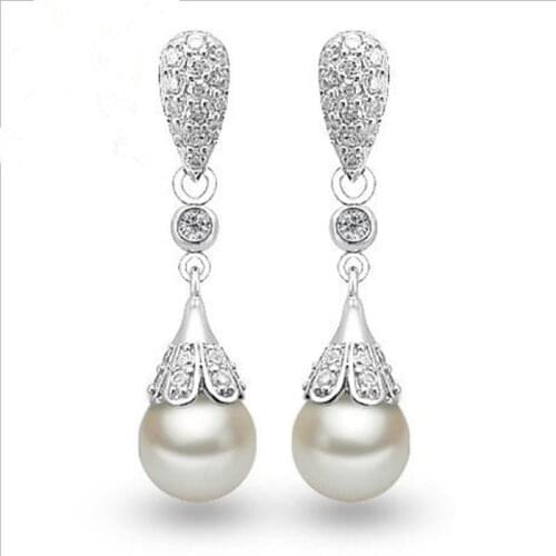 TJP Top Quality Silver 925 Women Drop Earrings Jewelry Shiny Crystal Pearl Earrings For Girl Lady Party Accessories Lovers Gift
