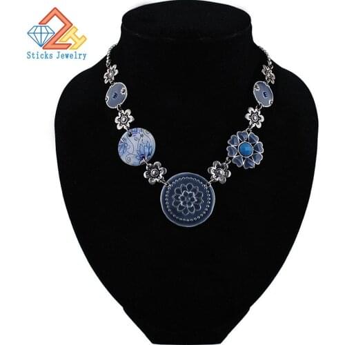 Trendy Necklace for Women Fashion Jewelry Zinc Alloy Ancient Silver Plated Natural Shell Print Flower Enamel Charm Necklace
