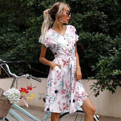 Summer New Printed Floral Lace-up Short Sleeve Midi Dress Women Clothes Casual Loose V-neck Streetwear Ladies Party Dresses