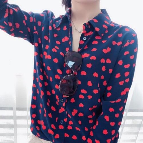 2021 Early Spring New Small Love Print Shell Button Long-sleeved Lapel Casual All-match Silk Shirt
