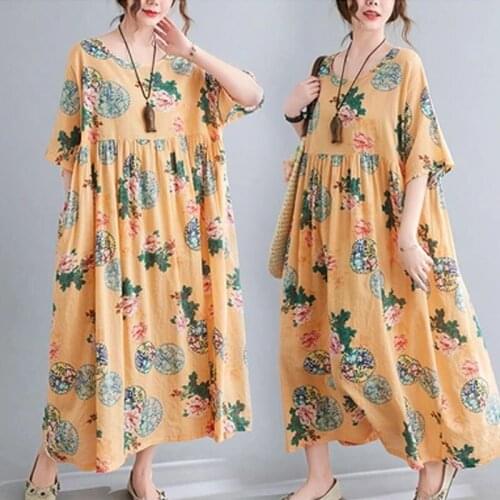 Plus Size 4XL 5XL 6XL Cotton Maxi Dress Women Vintage Short Sleeve Linen Long Dress Robe Female Oversize Boho Beach Print Dress