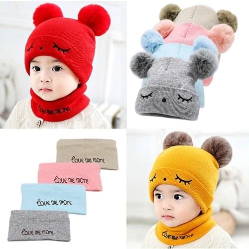 2Pcs Toddler Hat +Twitter Pompon Winter Children Hat Bonnet Enfant Knitted Cute Cap For Girls Boys 0-24 Months