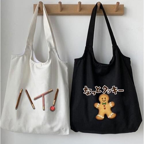 Cute Cartoon Biscuit Graphic Print Canvas Bag Female Shoulder Bag Fashion Eco Tote Shopping Bags for Women Harajuku Casual Bags