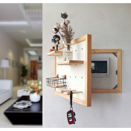 Nordic solid wood decorative hole board fashion creative living room shelf multi-functional porch storage rack with key hook