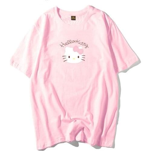 2021 Summer Pure Cotton Single Color Loose Oversized Cartoon Kitty Printed Woman T-shirt Sweet Kawaii Aesthetic Clothes Y2k