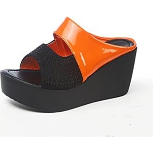 Large Size 41 Womens Sandals 2021 Summer New Fashion Color Matching Platform Rhinestone Slope Heel Flat Slippers Womens Shoes