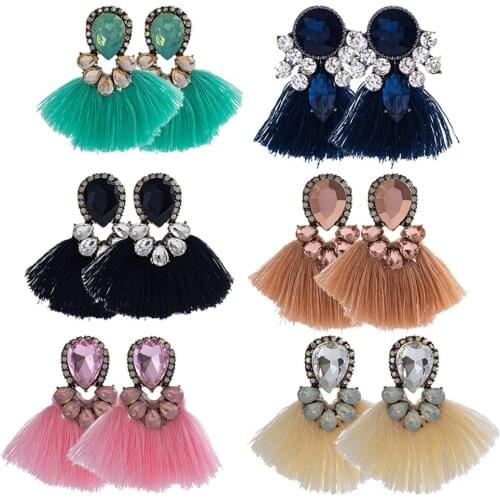 Women Exaggerated Water Drop Rhinestone Fan Shape Tassel Stud Earrings Jewelry