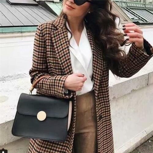 Fashion Double Breasted Plaid Blazer Women Long Sleeve Slim OL Blazer Casual Autumn Jacket Blazer Female Retro Elegant Pretty